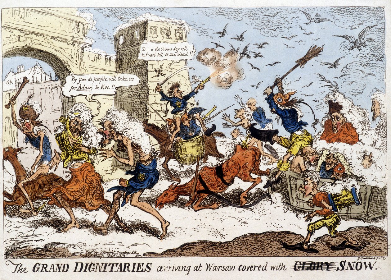 英国漫画，讲述 1812 年 12 月俄国撤退后，拿破仑军队在大雪中抵达华沙。 作者 英语学校