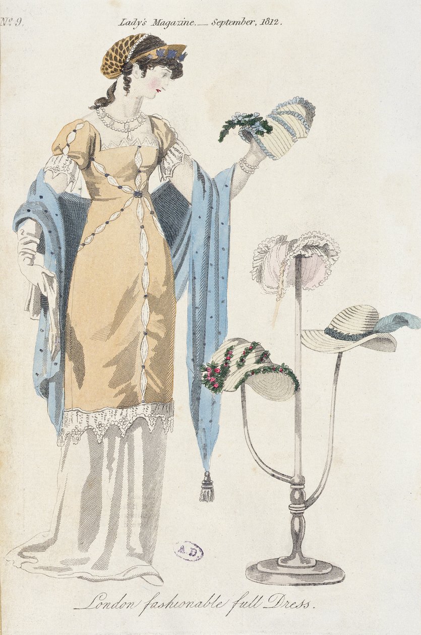 描述一个少妇的英国时尚板材选择帽子，1812年 作者 英语学校
