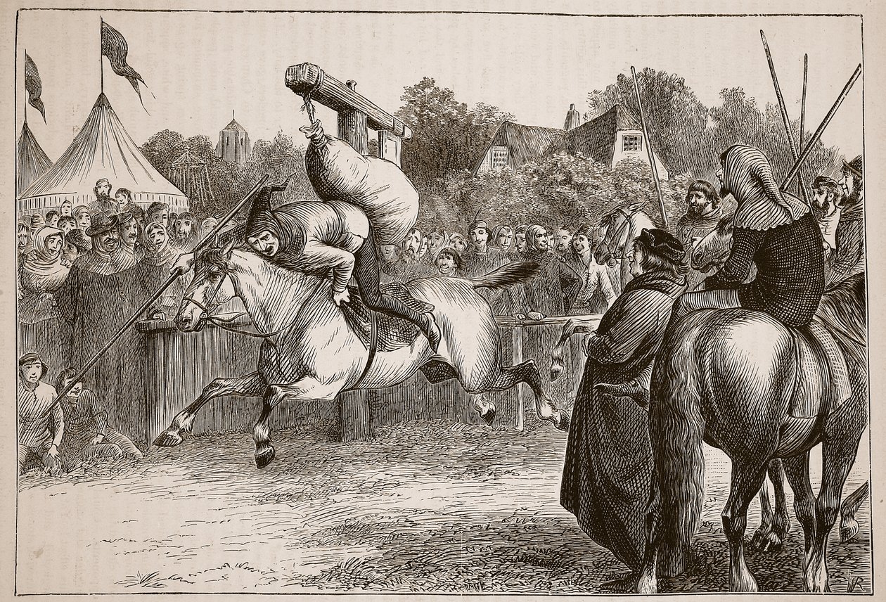 十四世纪的英国欢乐时光：在Quintain倾斜，插图来自Cassells画报英国历史（棕褐色照片） 作者 英语学校