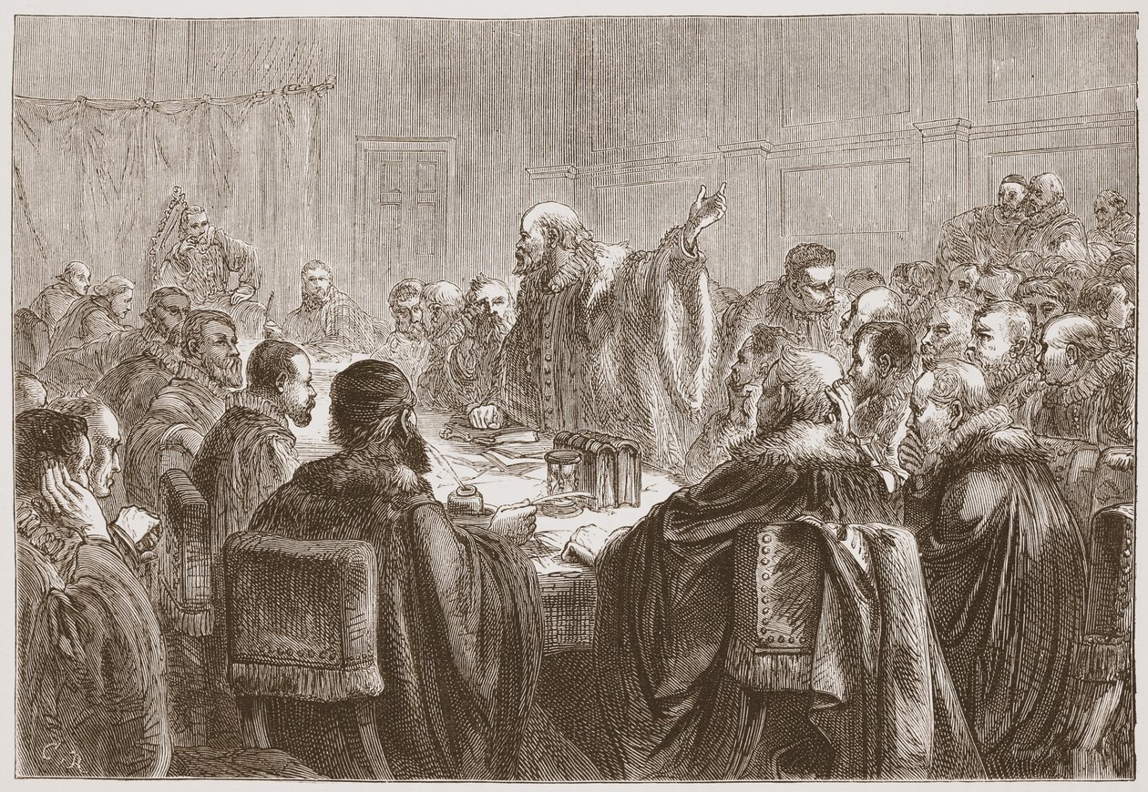 Episcopius讲述多特会议的成员，詹姆斯·艾特肯·威利（1808-1890），酒吧的新教历史插图。 1878年 作者 英语学校