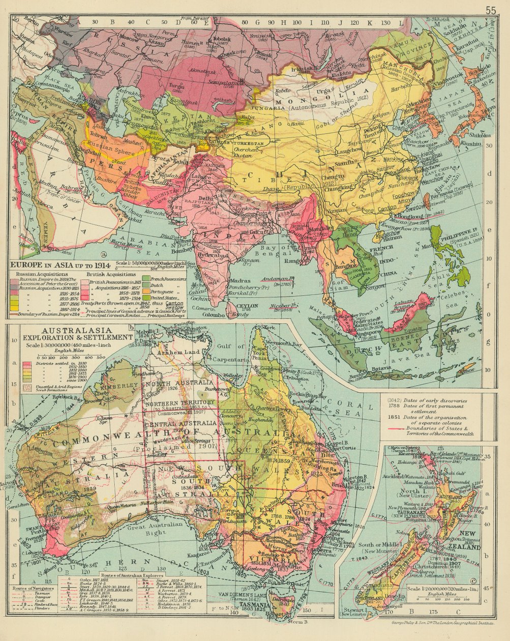截至 1914 年的欧洲在亚洲。大洋洲探险与定居（彩色印刷版） 作者 英语学校
