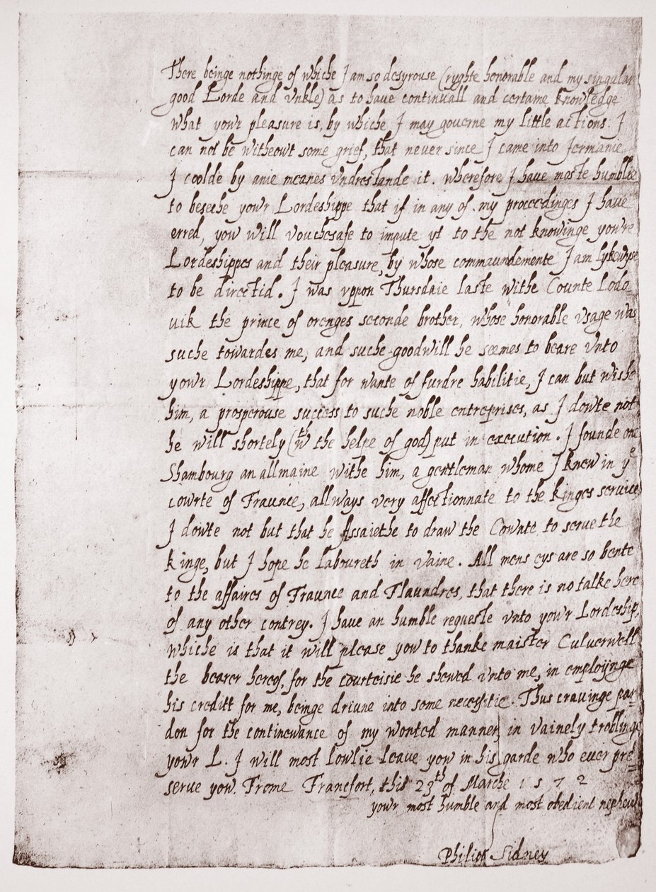1572年3月23日，菲利普·西德尼斯手写的传真，18岁 作者 英语学校