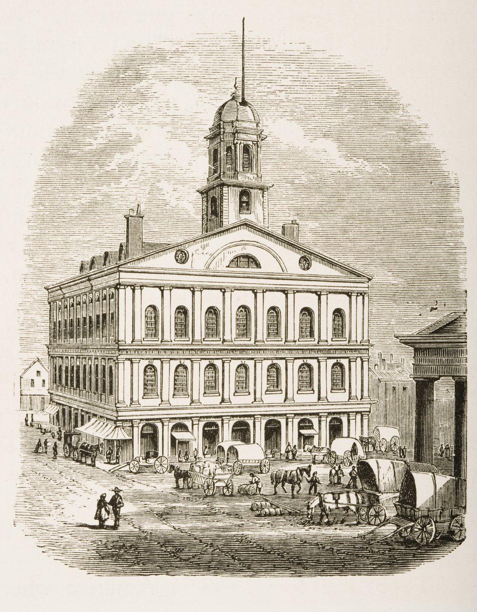 1870年，波士顿法尼尔厅（Faneuil Hall）出自1876年由宗教信仰学会出版的“美国图片” 作者 英语学校