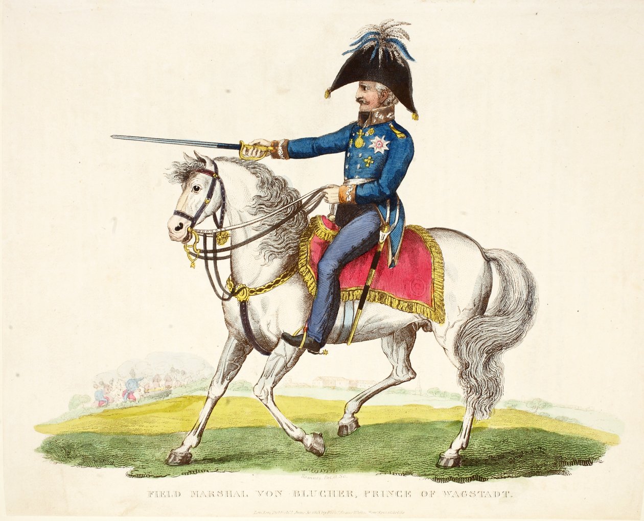 Field Marshall von Blucher，Wagstadt王子，酒吧。作者：理查德·埃文斯（Richard Evans），罗姆尼（Romney），1816年威廉·穆德福德（William Mudford）撰写的滑铁卢战役历史记录中的插图 作者 英语学校