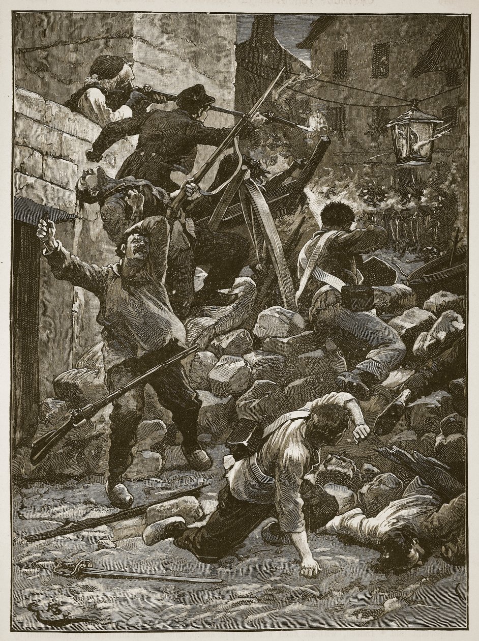 在巴黎的街垒战斗，插图来自卡塞尔斯画报英国历史（棕褐色照片） 作者 英语学校