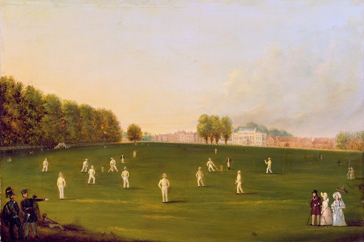 1836年8月3日，1836年8月3日，皇家业余协会成员在Hampton Court Green举行的第一场板球大赛 作者 英语学校