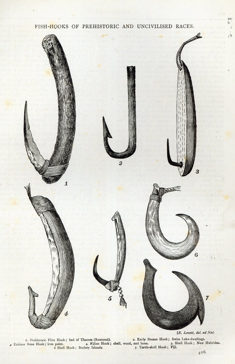 史前和不文明种族的鱼钩，来自&39;休闲时刻&39;，1888年（雕刻） 作者 英语学校