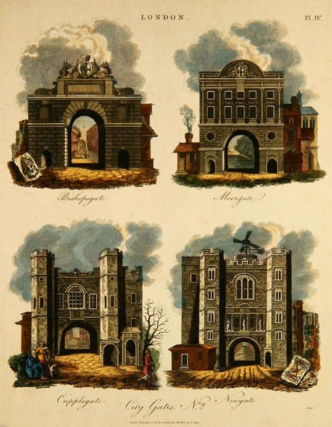 四个城市之门。Bishopsgate、Moorgate、Cripplegate和Newgate，由J. Pass雕刻，由G. Jones出版。 作者 英语学校