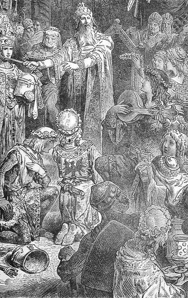 腓特烈-巴巴罗萨（1123-90）在马扬斯的宫廷，摘自《法国历史》，作者Emile de Bonnechose，由Ward, Lock and Co出版，伦敦（雕刻版）。 作者 英语学校