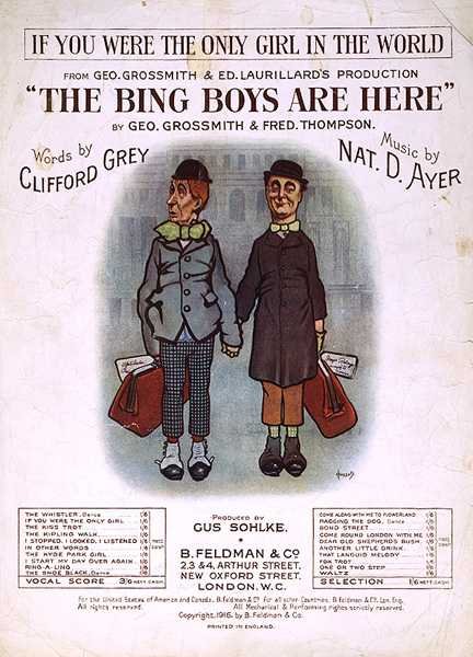 The Bing Boys are Here》乐谱的封面，作者是Geo Grossmith和Fred Thompson，歌词是Clifford Grey，音乐是Nat D. Ayer（彩色平印）。 作者 英语学校