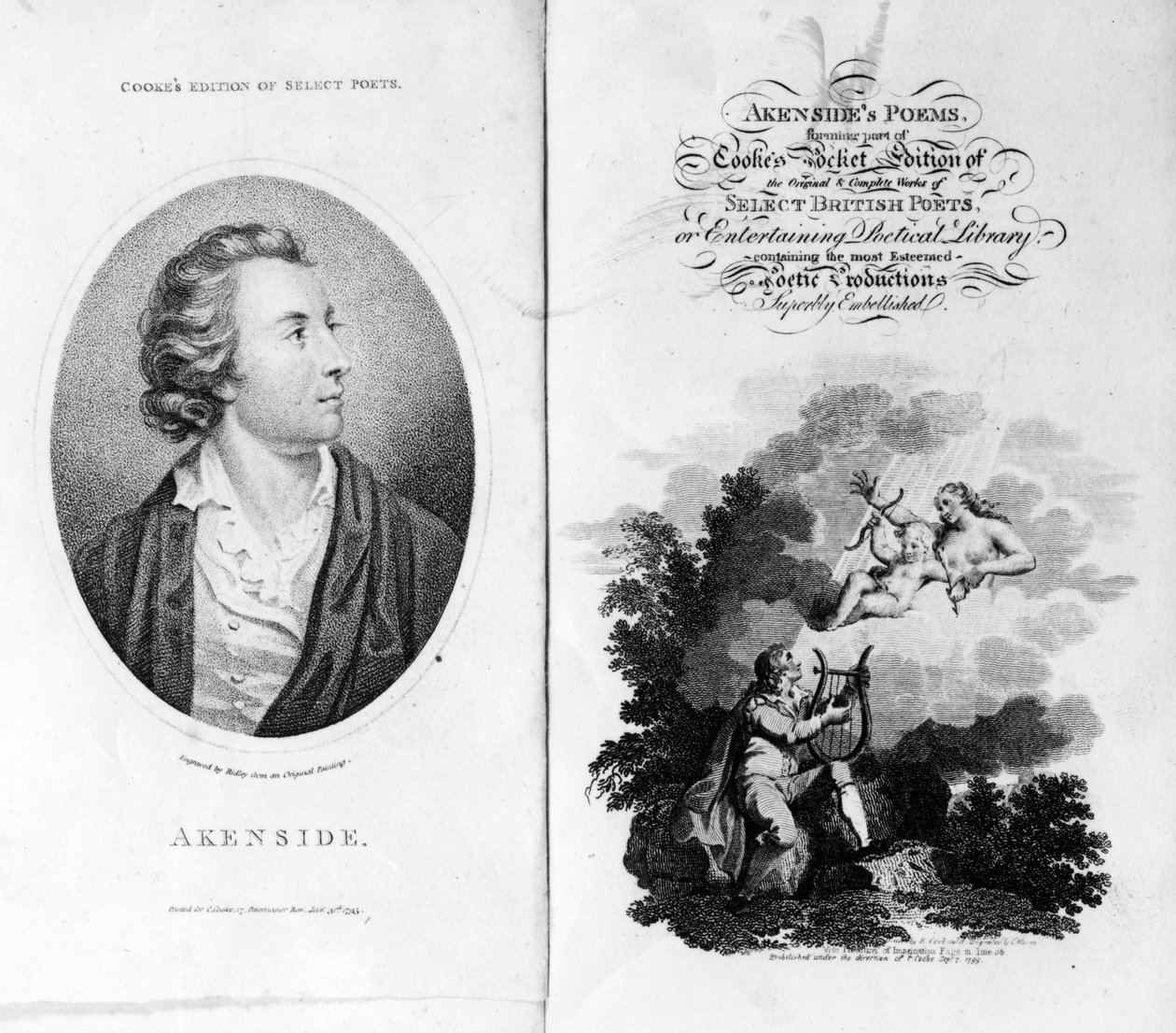 1799年出版的“选择英国诗人的库克斯袖珍版”中的Akensides诗歌的主题和标题页 作者 英语学校