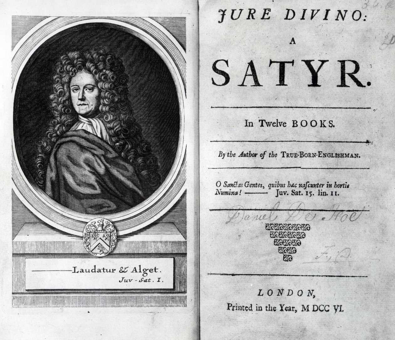 Jure Divino的正面和标题页：Daniel Defoe的萨特尔，出版于1706年 作者 英语学校