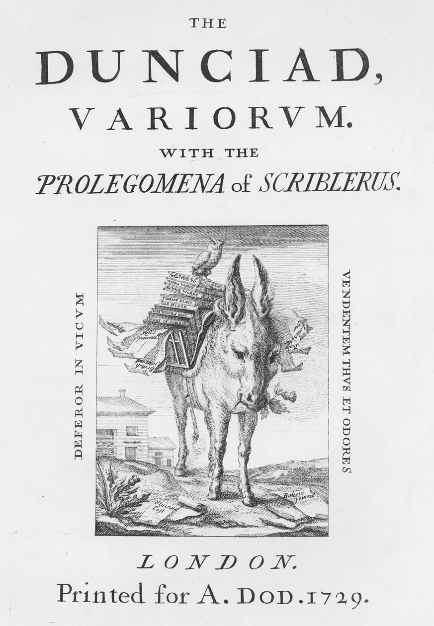 1729年亚历山大·波普的“Dunciad Variorum”的主题和标题页 作者 英语学校