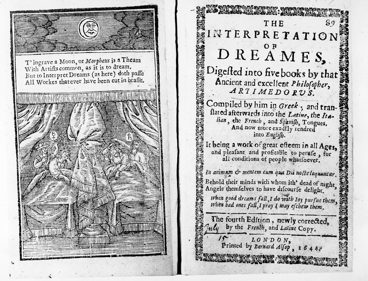 Artemidorus的The Interpretation of Dreams的正面和标题页，英文版于1644年出版 作者 英语学校