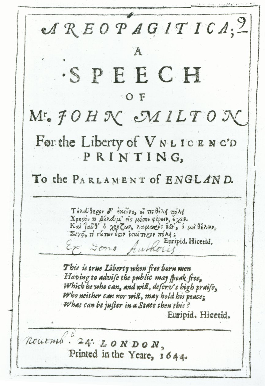 Areopagitica的主题，John Milton（1608-74）酒吧的演讲。在1644年 作者 英语学校