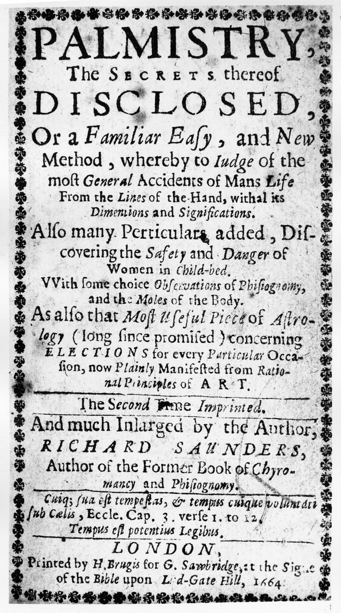 手相术的主题，其秘密由Richard Saunders于1664年披露 作者 英语学校