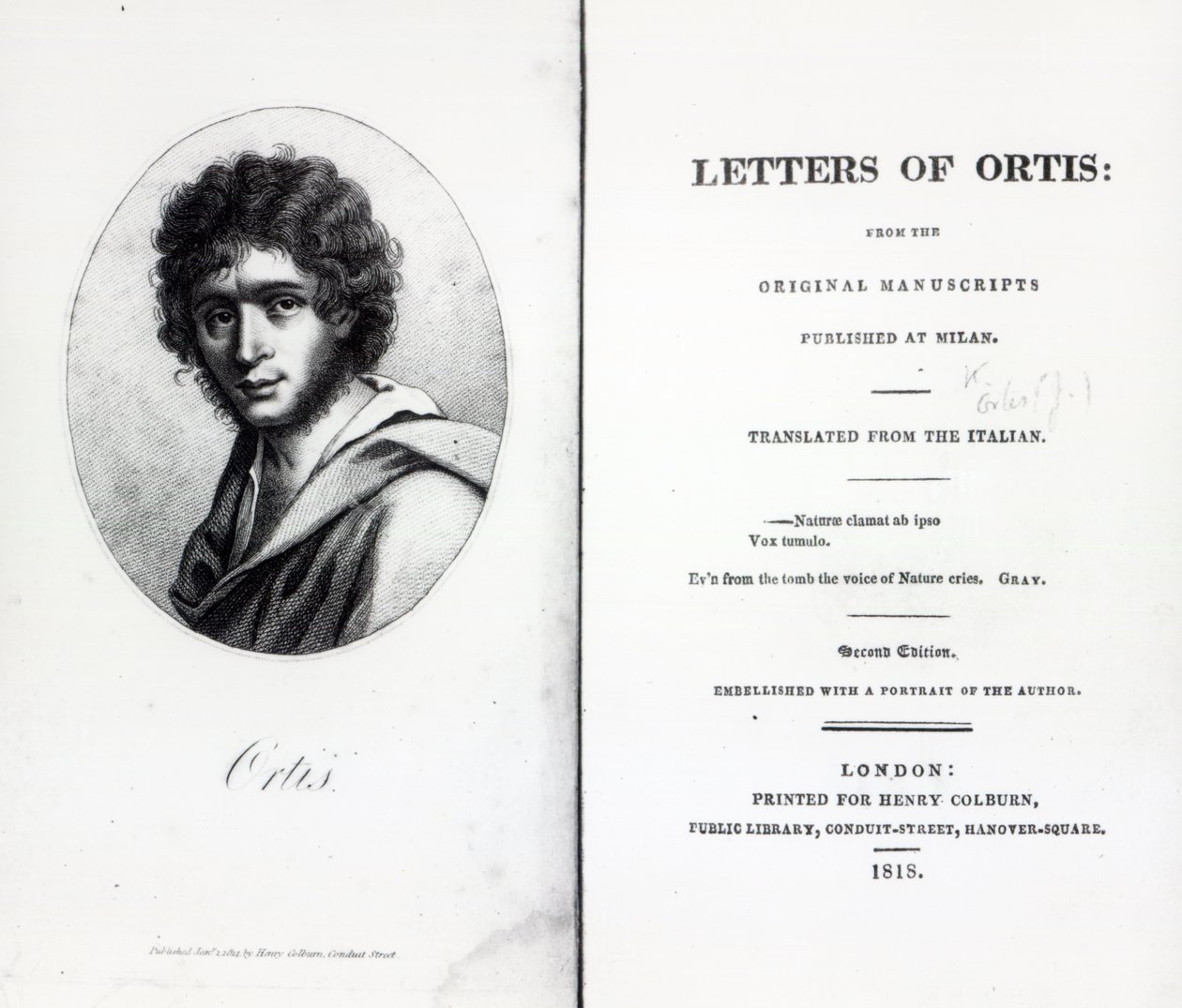 由Niccolo Ugo Foscolo撰写的“奥蒂斯书信的正面”，出版于1818年 作者 英语学校