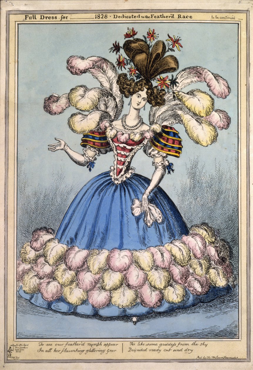 礼服适用于？1828。专注于Featherd Race，酒吧。伦敦，1828年（手工彩色雕刻） 作者 英语学校