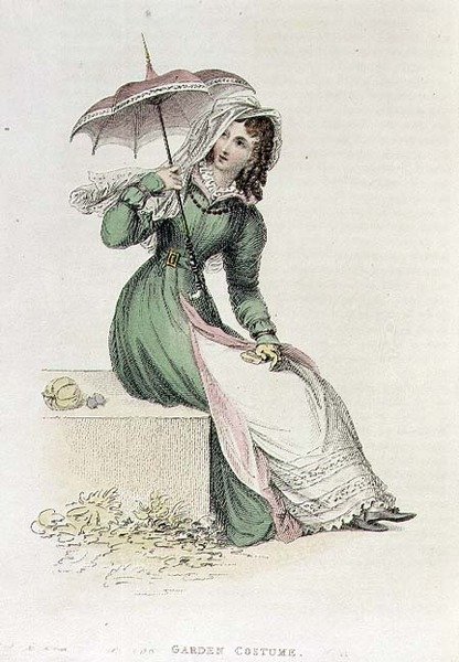 花园服装，来自《阿克曼艺术宝库》的时装板，约1822年（雕刻）。 作者 英语学校