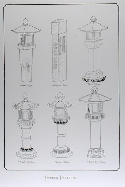花园灯笼，出自乔赛亚-康德的《日本风景园林》，1893年出版（雕刻）（黑白照片）。 作者 英语学校