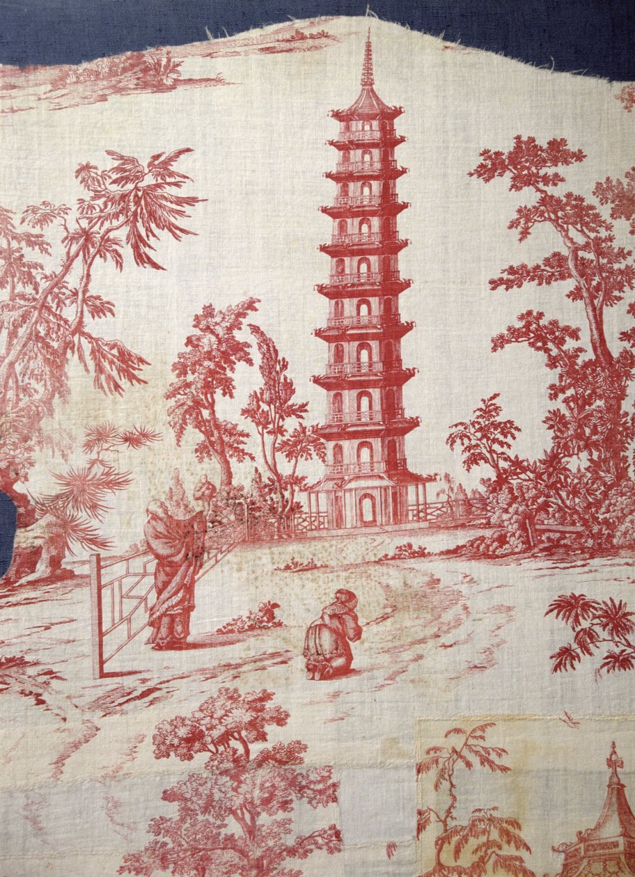 由William Chambers（1723-96）设计的宝塔设计的花园场景（板印亚麻和棉） 作者 英语学校