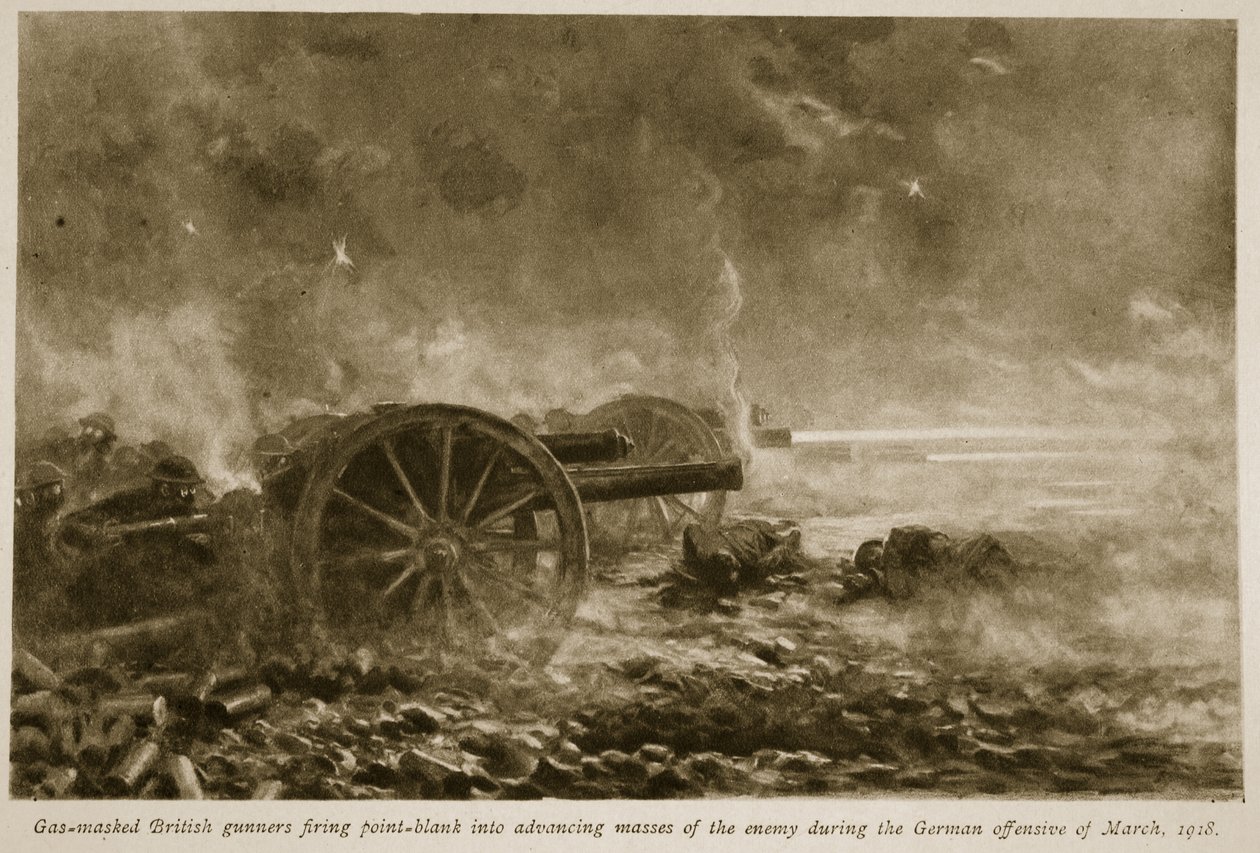 1918年3月1918年德国进攻期间，气体蒙面的英国枪手向前进的敌人开火 作者 英语学校