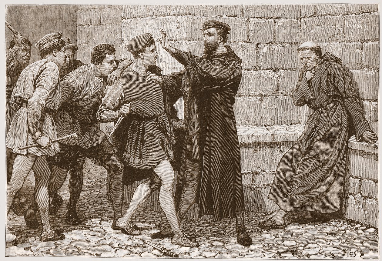 George Wishart 保护他的刺客，插图选自 James Aitken Wylie（1808-1890 年）的《新教史》，1878 年出版（雕版印刷）。1878 年（雕刻） 作者 英语学校