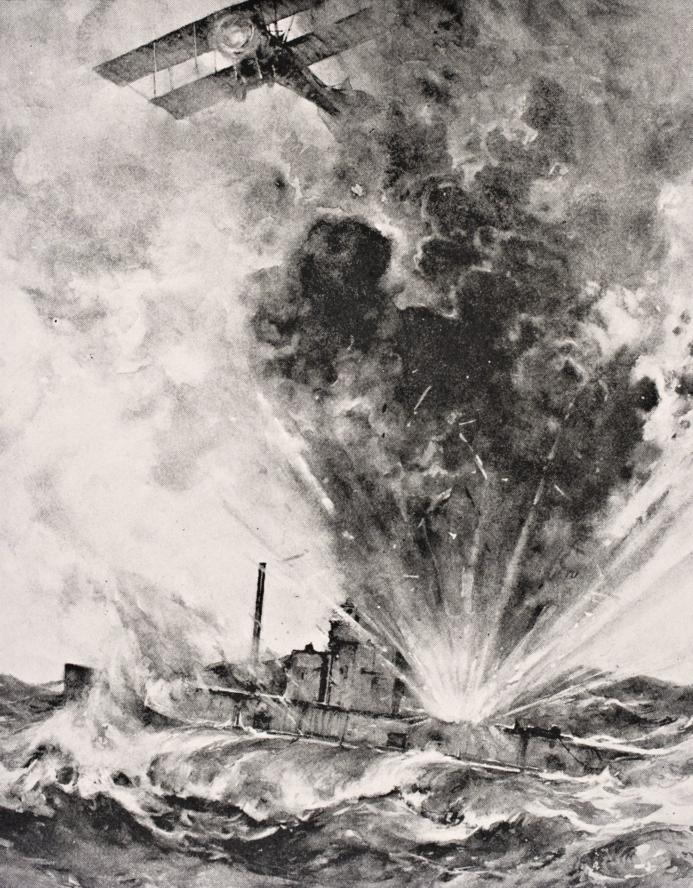 1915年8月26日，德国潜艇遭到轰炸和沉没，1916年伦敦出版的“战争画报专辑”（Litho） 作者 英语学校
