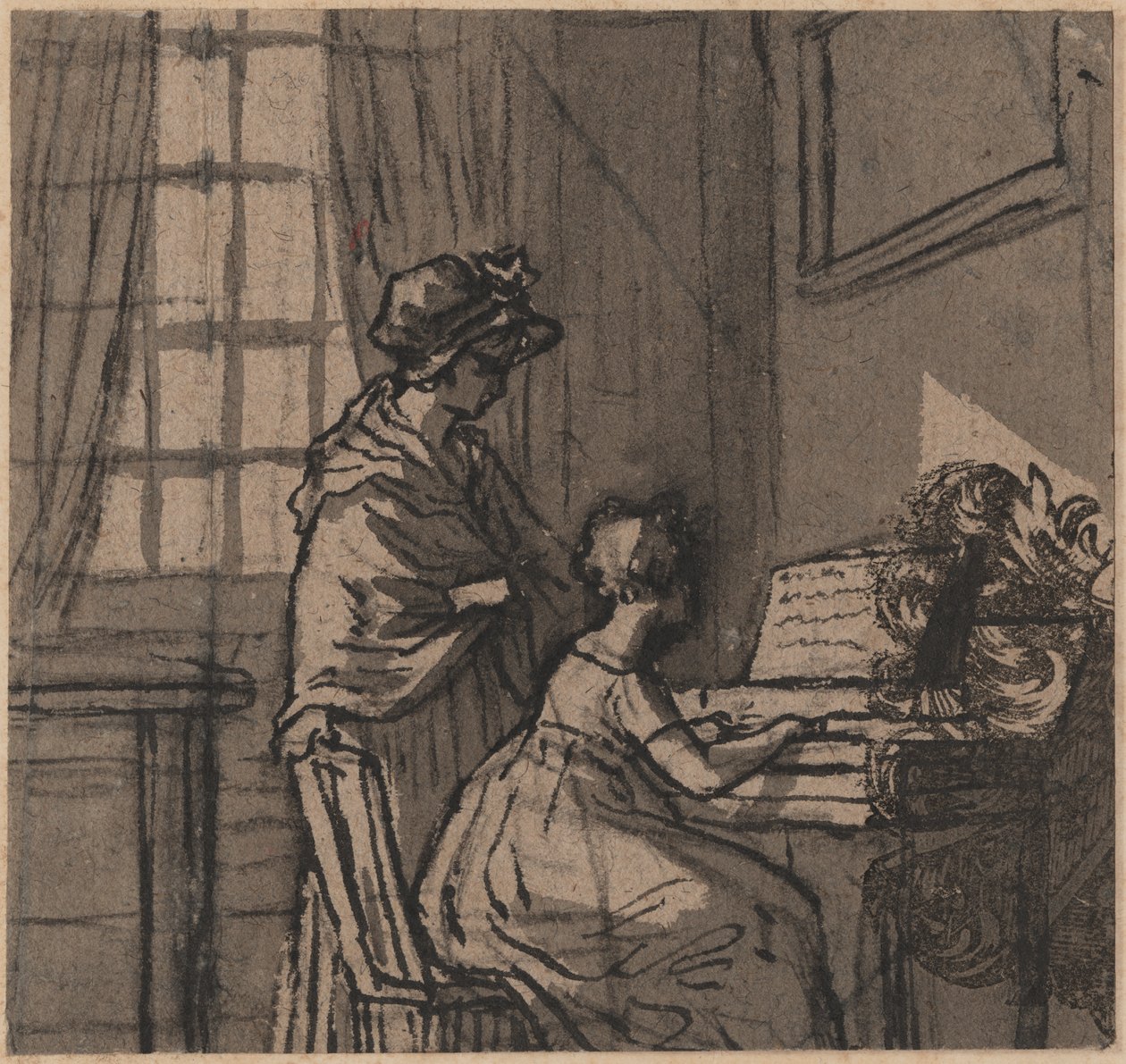 一个击弦古钢琴的女孩，c.1800（纸和笔在纸上洗） 作者 英语学校