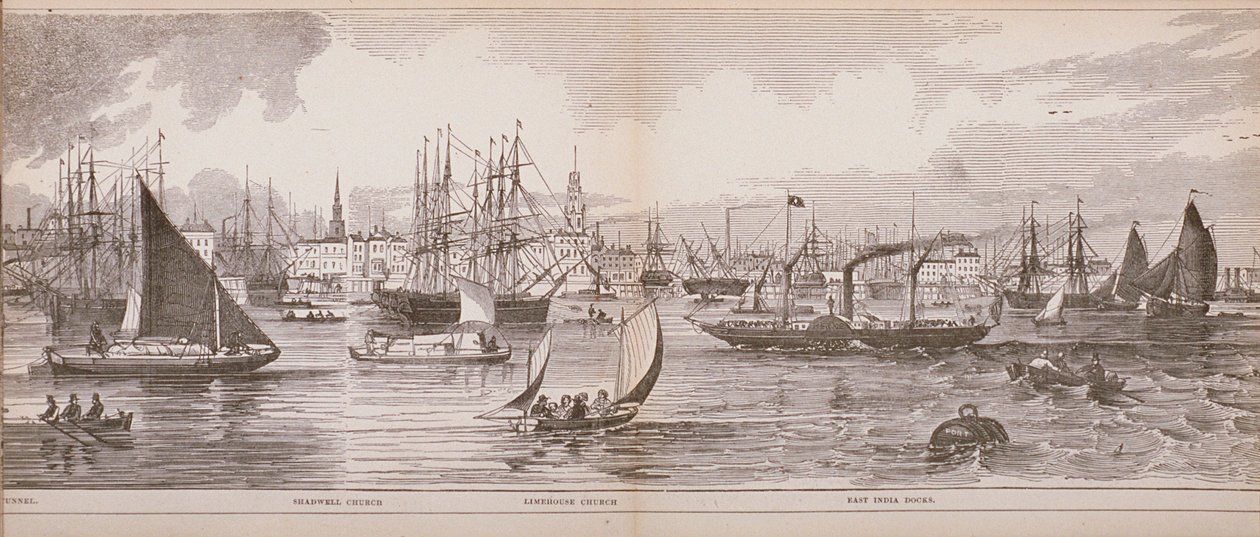 伦敦大全景，从泰晤士河看向Shadwell，东印度码头和Limehouse，1849年（木版画） 作者 英语学校