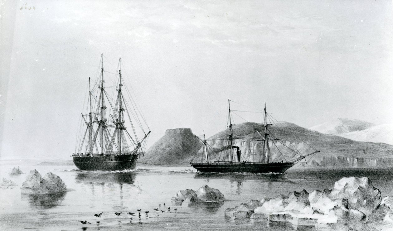 1853年，HMS援助号拖着先锋号经过北威灵顿海峡的约翰-哈罗山（石版画）。 作者 英语学校