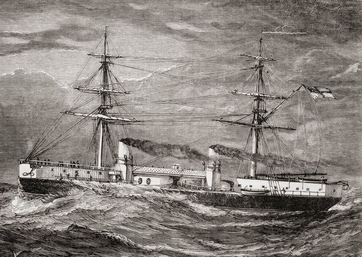 英国皇家海军的HMS Inflexible，Invincible Class Battlecruiser，1885年儿童特别服务团出版的“我们自己的杂志”插图 作者 英语学校