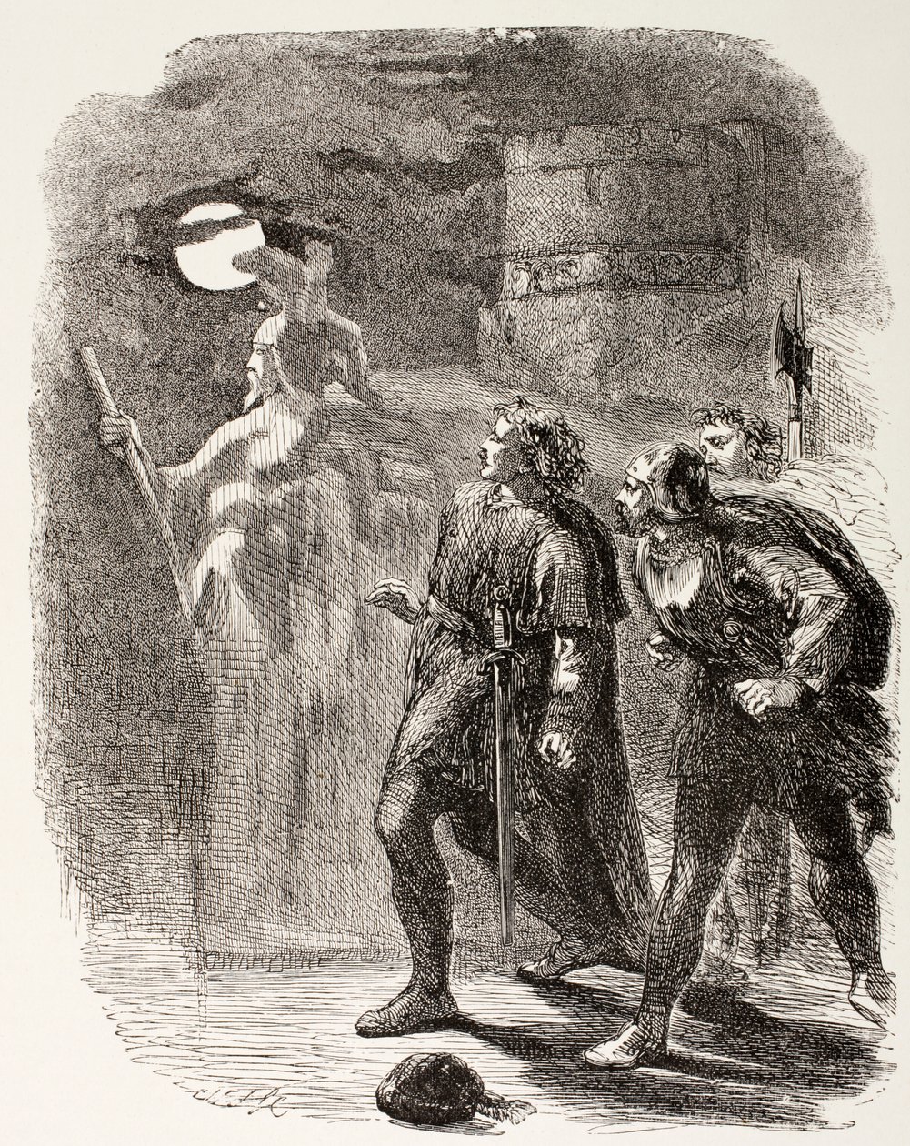 哈姆雷特，霍雷肖和马塞勒斯在1890年伦敦出版的“图画图书馆莎士比亚”中看到鬼魂 作者 英语学校