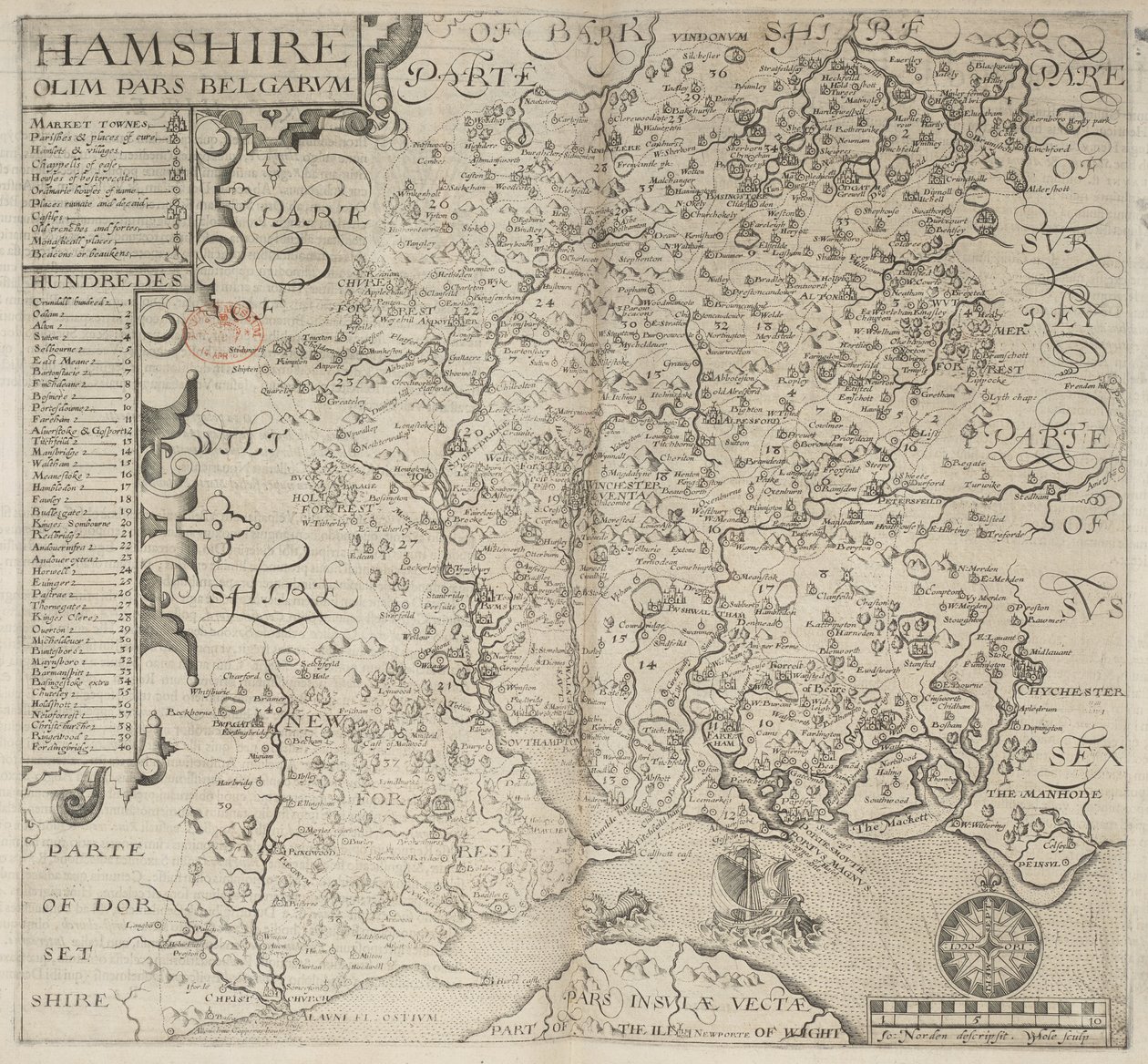 Hamshire, olim pars Belgarum.J. Norden descripsit.W. Hole sculp.第 6 版。第 187 页（雕刻） 作者 英语学校