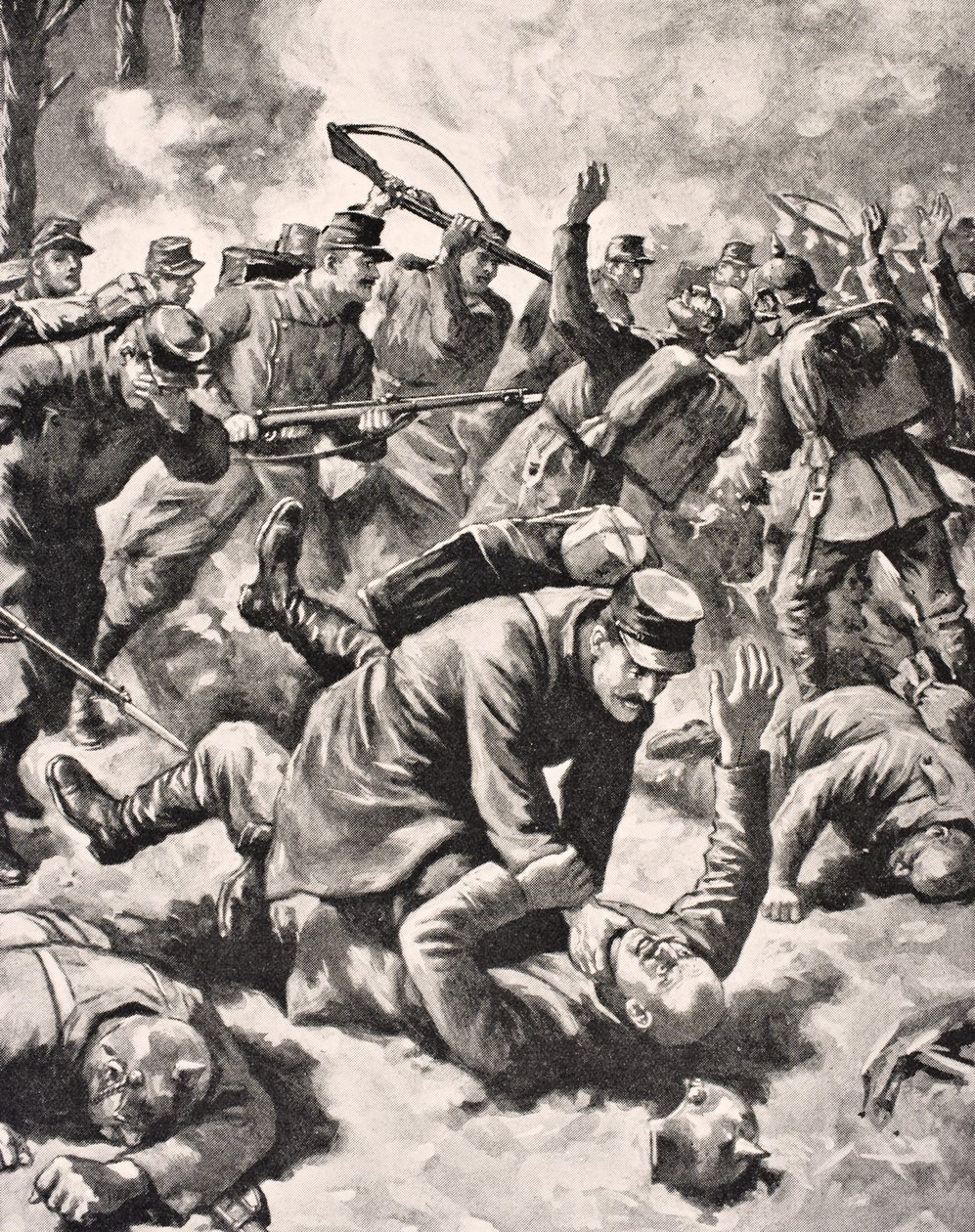 1916年在伦敦出版的“The War Illustrated deLuxe”中，德国和西方士兵之间的交战 作者 英语学校