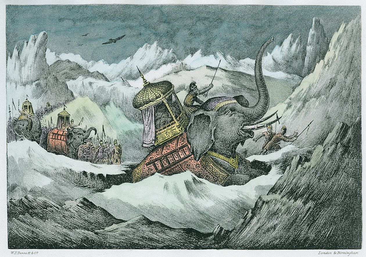 汉尼拔（公元前247-c.183）和他的战争大象穿越阿尔卑斯山（后来的着色） 作者 英语学校