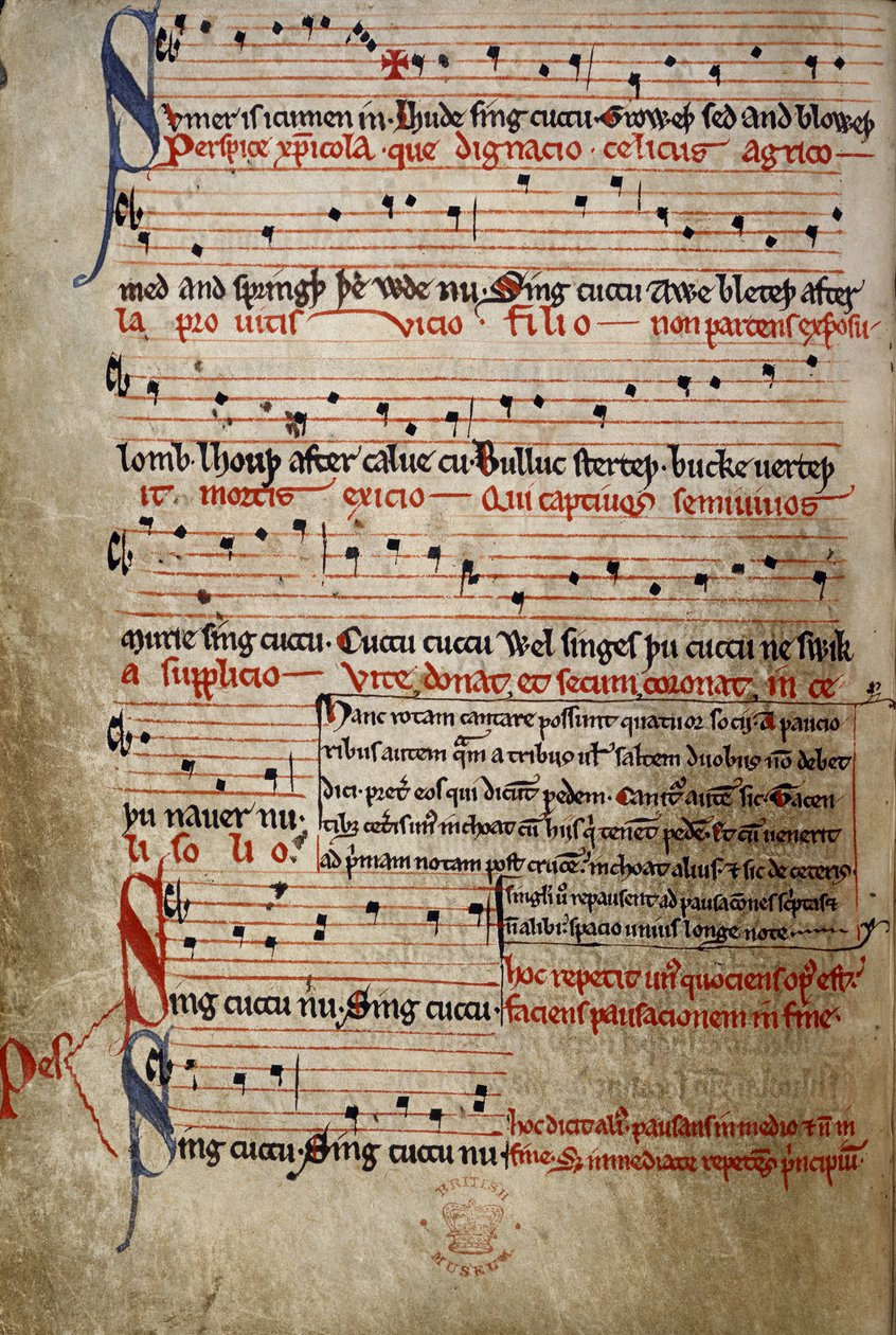 Harl 978 fol.11v Sumer is icumen in，选自《夏令教规》（《读经集》）（牛皮纸） 作者 英语学校