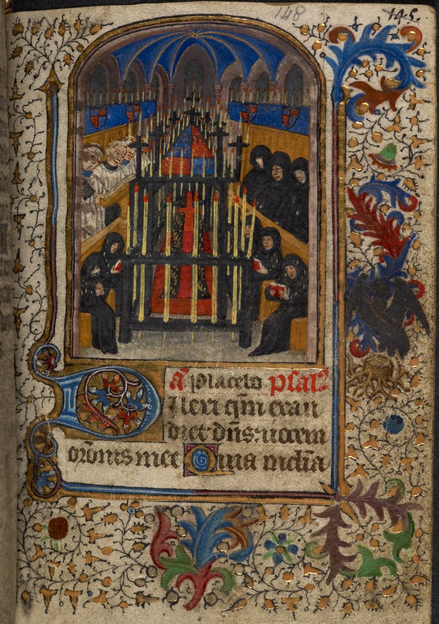 Harley 1251，fol.148 贝德福德公爵约翰的臂章覆盖着棺材的葬礼仪式，出自《埃莉诺-伍斯特的时间》，约 1430-1440（牛皮纸）。 作者 英语学校