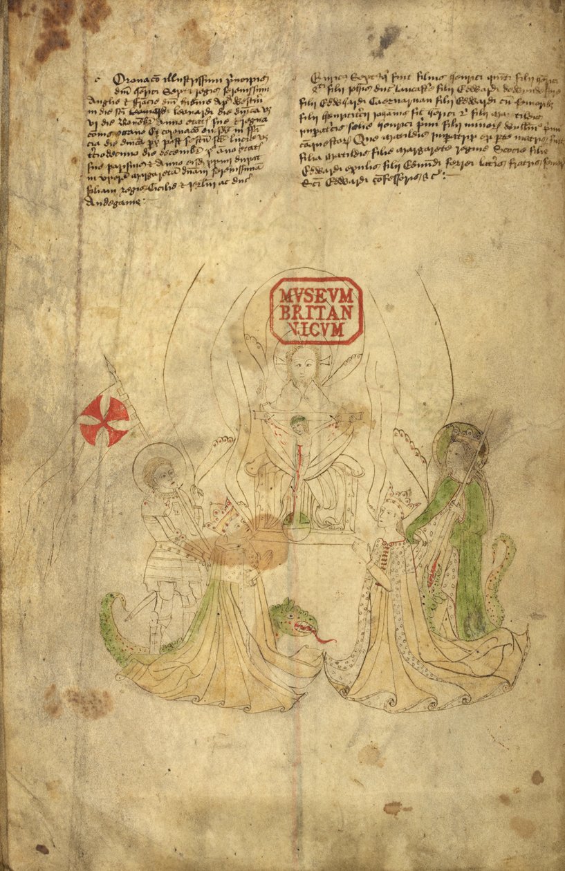 哈雷 318，f.8v 英国国王亨利六世和他的妻子安茹的玛格丽特，插图来自“英格兰国王的历史和家谱”（牛皮纸） 作者 英语学校