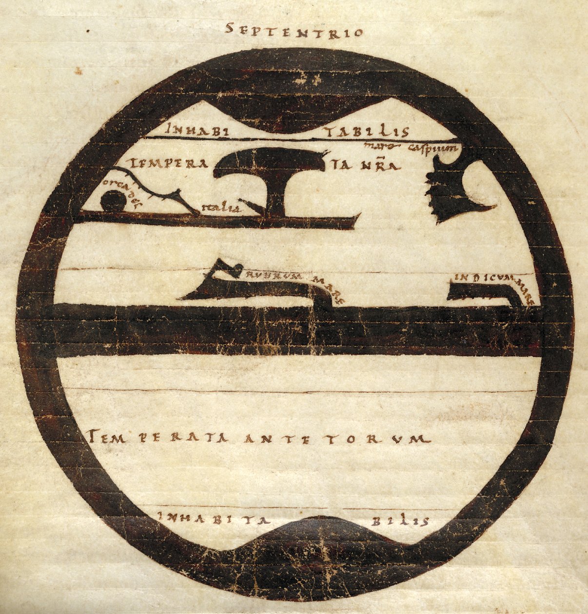 哈雷 MS 2772 f. 70v，示意性分区世界地图，约 1050 年（羊皮纸上的墨水和蛋彩画） 作者 英语学校