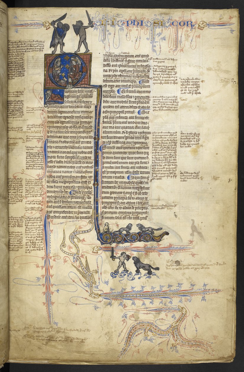 哈雷 MS3487，f.4r 亚里士多德《物理学》，选自 "Libri naturales"（羊皮纸上的墨水、金色和彩色）。 作者 英语学校