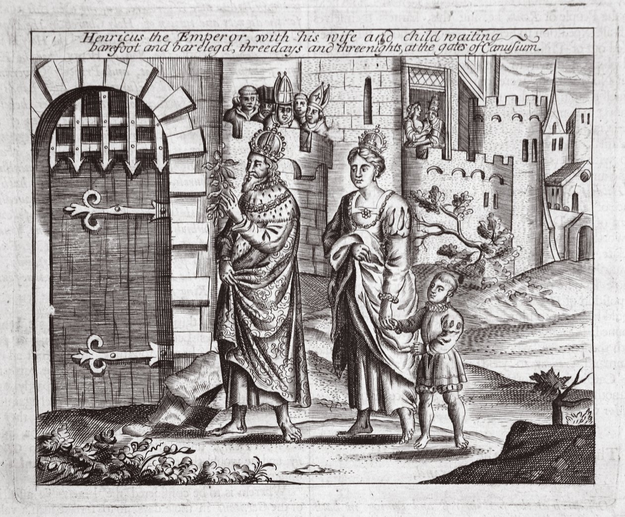 Henricus the Emperor与他的妻子和孩子在Canusuam的门口等待，赤脚和裸露的，三天三夜，约翰福克斯的使徒行传和纪念碑插图，第九版， 作者 英语学校