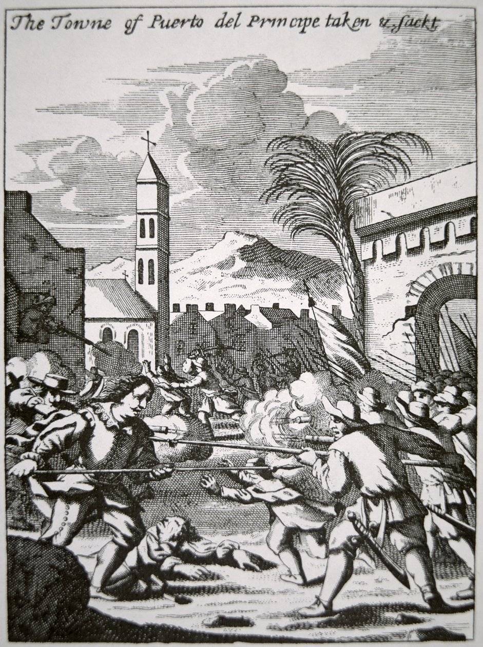 亨利-摩根在1668年捕获并洗劫了古巴的普林西比港，这幅插图来自约翰-埃斯奎梅林的《美洲海盗》，1699年出版（雕刻版）。 作者 英语学校
