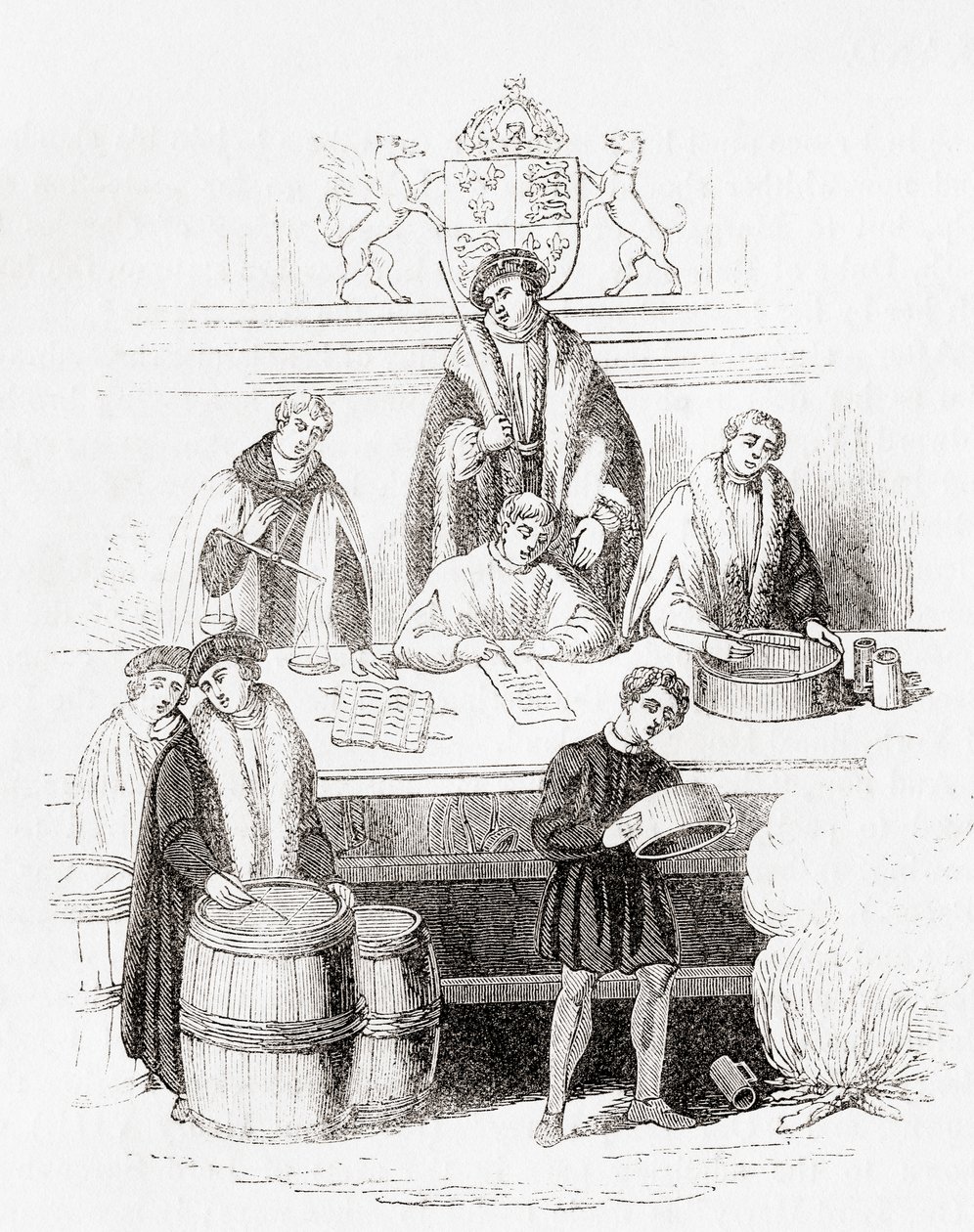 1497 年亨利七世在财政部对度量衡的审判，选自《古老的英格兰》：图片博物馆》，1847 年出版。1847 作者 英语学校