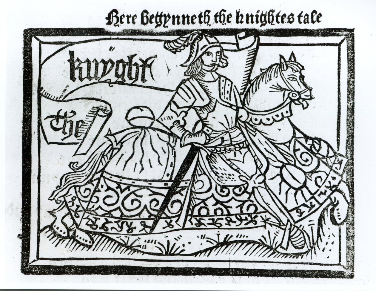 这里是Begynneth the Knightes Tale，插图来自The Geterrey Chaucer的坎特伯雷故事集（c.1345-1400），由William Caxton打印（c.1422-91）1434 作者 英语学校
