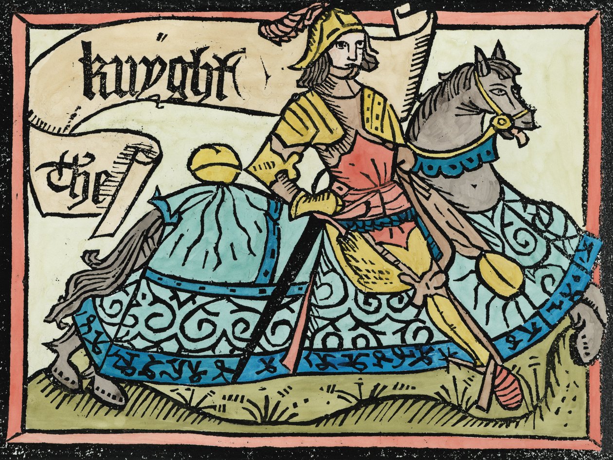 这里是Begynneth the Knightes Tale，插图来自The Geterrey Chaucer的坎特伯雷故事集（c.1345-1400），由William Caxton（c.1422-91）1434（后来的着色）印刷 作者 英语学校