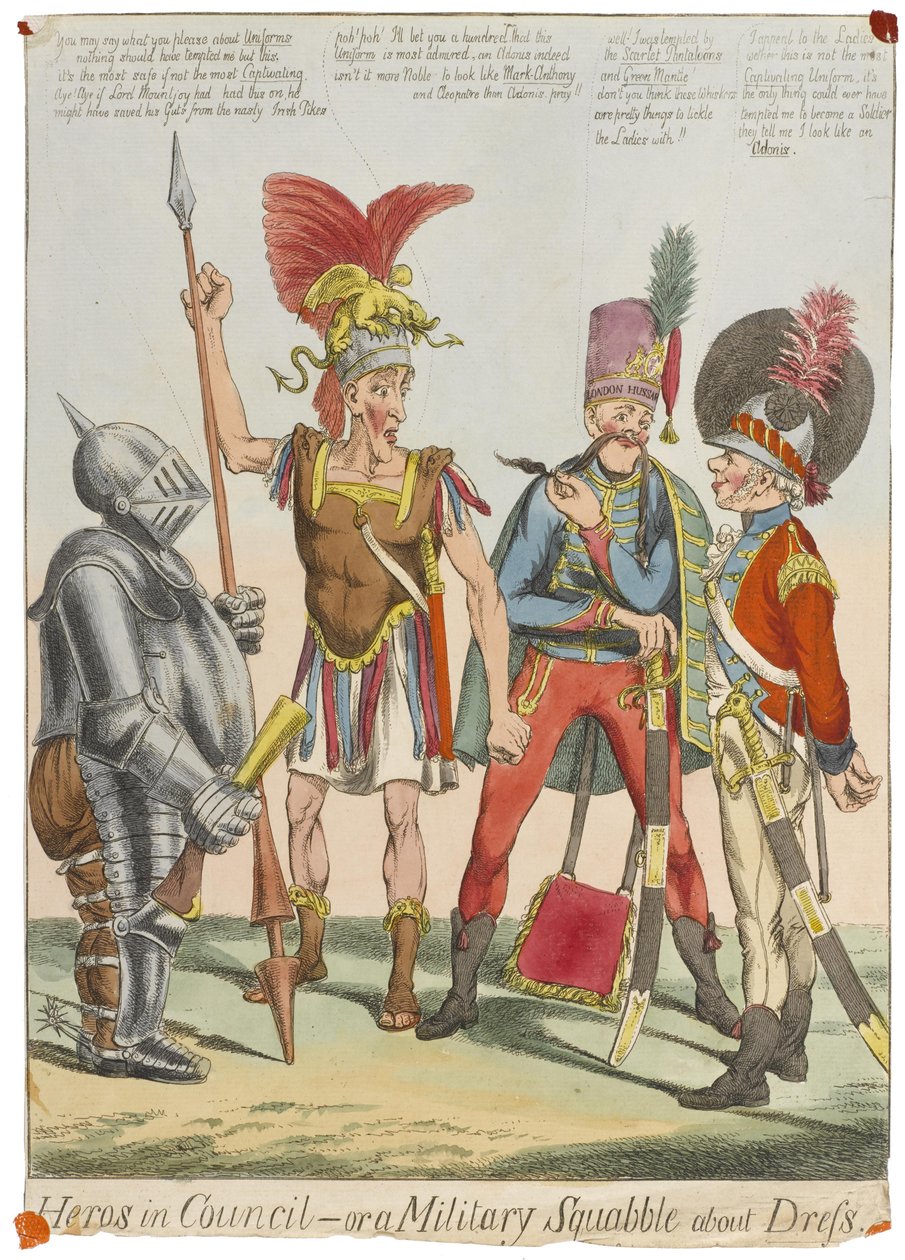 议会中的英雄--或关于服饰的军事争论》，约1820年（彩色雕刻）。 作者 英语学校