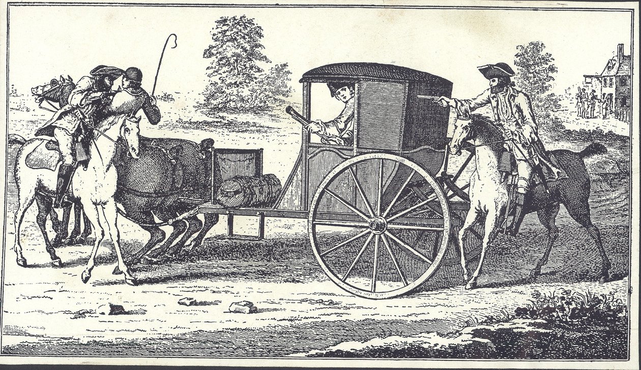 1750年6月26日，公路工人James MacLaine和William Plunkett在Hounslow Heath抢劫Eglinton伯爵（雕刻）。 作者 英语学校