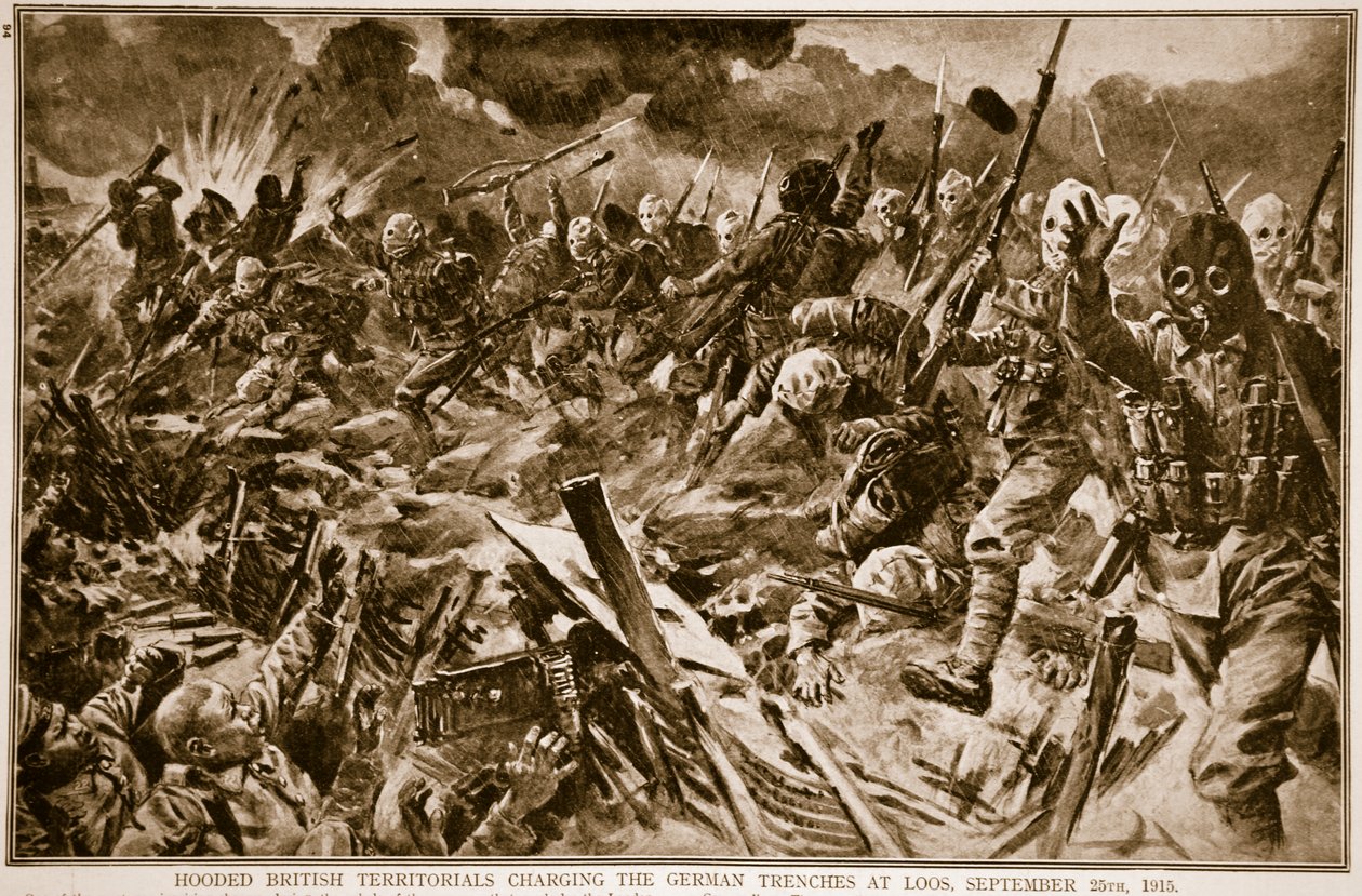 1915年9月25日，1914年至1915年，连帽英国领土在Loos为德国战壕收费 作者 英语学校