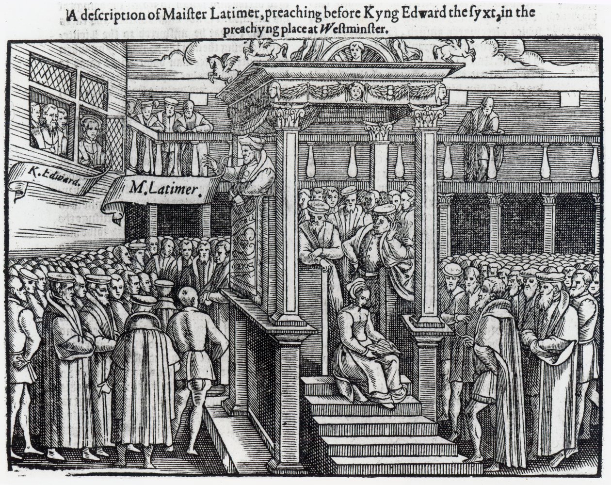 Hugh Latimer（c.1485-1555）1547年在爱德华六世（1537-53）在威斯敏斯特前演讲，来自约翰福克斯的“使徒行传和纪念碑”（1516-87）1563 作者 英语学校